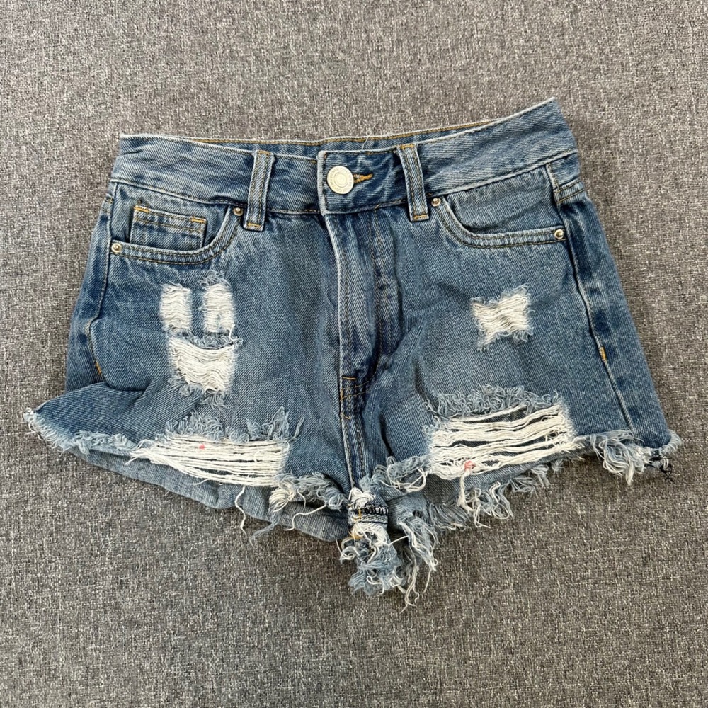 SWS Denim Co Womens High Rise Distressed Jean Shorts Blue Frayed Hem Size 25
